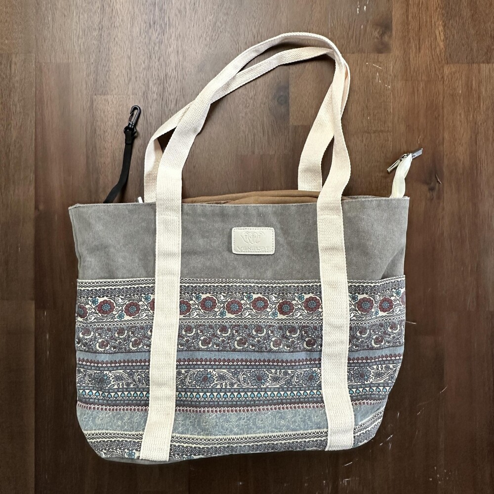 VENELPT Tote Bag Womens Gray Canvas Boho Paisley Pattern Zip Top Shoulder Lined